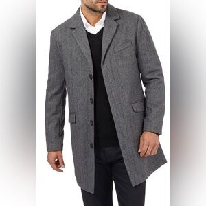 Express Men’s Herringbone Dark Grey Charcoal Wool Blend 3 Pocket Lined Coat
